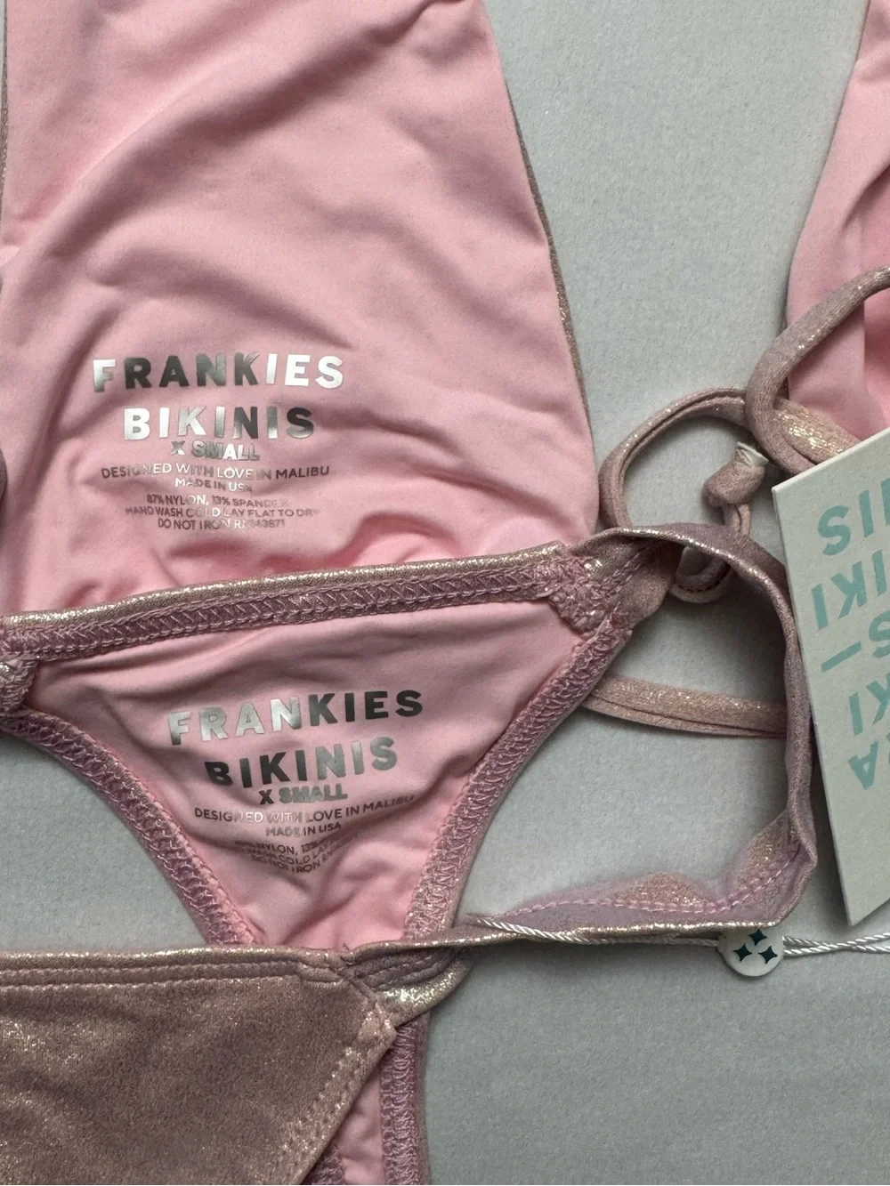 FRANKIES BIKINI Iridescent Pink Set Julianne Halter Top & Cindy Thong Bottom